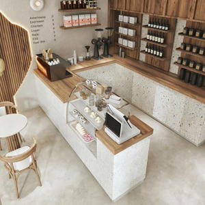 Diseño de Cafetería Wabi Sabi Personalizado, Muebles de Madera Natural para Cafetería, Mostrador Curvo, Solución Interior de Cafetería Minimalista Cálida y Lista para Usar en 3D - Product Image 1