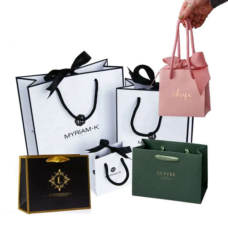 Luxury Gift Boutique Custom Printing With Your own Logo Ribbon handle White Jewelry Packaging Small Shopping Clothing Paper Bags