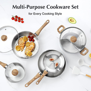 Juego de Utensilios de Cocina de Acero Inoxidable de 6 Piezas con Tapa de Vidrio, Mango de Madera Suave al Tacto, Compatible con Gas e Inducción, Apto para Lavavajillas y Horno - Product Image 3