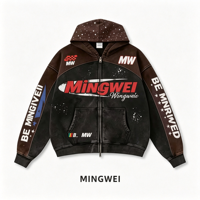 2026 380g Veste à capuche streetwear oversize zippée en coton, style racing color block, imprimé étoiles vintage, effet vieilli, avec poche kangourou