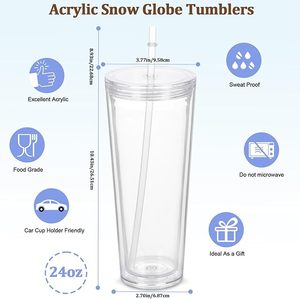 Free Shipping Travel 24oz Double Wall Acrylic <strong>Plastic</strong> <strong>Mason</strong> <strong>Jar</strong> <strong>Tumbler</strong> <strong>Clear</strong> Snow Globe <strong>Plastic</strong> Cups With Lid And Straws - Product Image 2