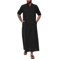Thobe en coton noir pour homme, manches courtes, longueur cheville, coupe ample, style Moyen-Orient, couleur unie, respirant, pour usage quotidien décontracté