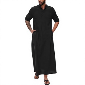 <b>Men's</b> Black Cotton <b>Thobe</b> Short Sleeve Ankle Length Casual Daily Wear Loose Fit Middle East Style Solid Color Breathable Robe - Product Image 2