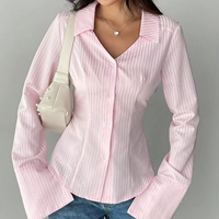 Chemisier à rayures à manches longues pour femmes, chemise sexy à col en V, coupe ajustée, rose, à la mode, chemisiers pour femmes à séchage rapide avec bouton à l'avant
