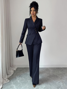 <span class=keywords><strong>Traje</strong></span> Formal Elegante de 2 Piezas para <span class=keywords><strong>Mujer</strong></span> con Rayas, Cuello en V, 6 Botones, Doble Abertura y Pantalones, Precio Bajo al por Mayor - Product Image 4