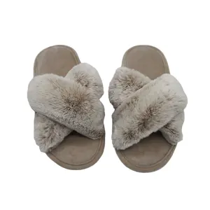 Customized Indoor Slippers Faux Fur Winter Plush Furry Cross Band Open Toe TPR Outsole Warm House Bedroom Slippers For Women