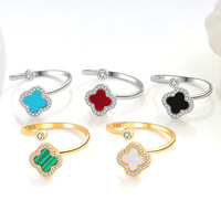 Bague classique anti-stress en argent sterling 925 avec pavé d'or 18 carats et pierre naturelle trèfle à quatre feuilles rouge, de la collection Usine de Bijoux