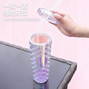 Shang Kou Ai Double Wall Plastic Cup Colorful Fish Scale Design Large Capacity With Straw Reusable Party Drinkware - Product Image 3