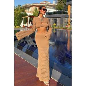 Ensemble trois pièces en tricot bohème pour femme, bustier ajouré, boléro, jupe, couleur moka, manches longues, respirant, style estival - Product Image 6