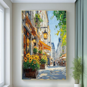 Arte callejero de París, lienzo de paisaje urbano europeo moderno, arte de pared pintado a mano, girasol, café, decoración francesa con pintura al óleo - Product Image 2