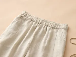 Personalización de fábrica, pantalones casuales de temperamento para mujer, pantalones de lino de lujo 100% de pierna recta adelgazantes de cintura alta