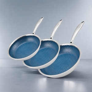3 Poêles 20/24/28 cm en Acier Inoxydable 3 Couches Revêtement Céramique Alvéolé Bleu Compatible <span class=keywords><strong>Induction</strong></span> Four et Lave-vaisselle - Product Image 1