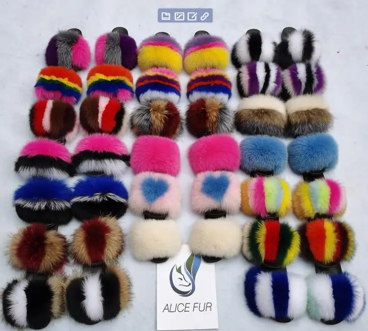 Wholesale women real big fluffy fur slippers natural fur slides sandals with thick fur