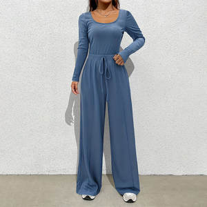 Manches longues col carré mince body cravate <span class=keywords><strong>taille</strong></span> jambe <span class=keywords><strong>large</strong></span> <span class=keywords><strong>pantalon</strong></span> tenues femmes deux pièces ensemble pantalons décontractés - Product Image 1