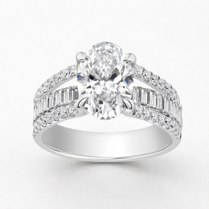 Bague de fiançailles en platine avec diamant ovale et pierres latérales baguette, bijoux classiques pour femmes - Product Image 1