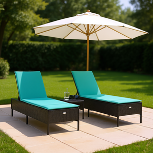 Conjunto de Tumbonas para Exteriores de Ratán PE con Cojines Azul Turquesa y Negro, Reclinación Manual, Muebles Contemporáneos para Patio - Product Image 2