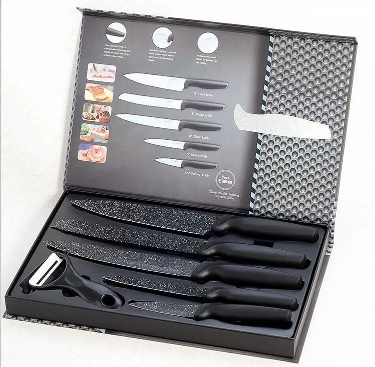 أسود 6 قطعة الفولاذ طاقم سكاكين من الصلب الرخام طقم سكين مطبخ مطلي مع البلاستيك مقبض