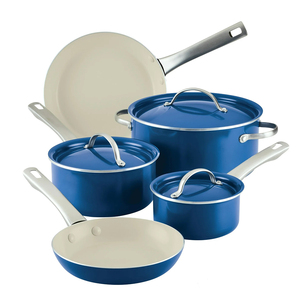 Ensemble de 8 ustensiles de cuisine en céramique antiadhésifs avec couvercles en aluminium, intérieur blanc, extérieur bleu, design moderne, passe au lave-vaisselle et au four, compatible gaz - Product Image 1