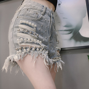 Nuovo arrivo Shorts Hot Pants in Denim a vita alta una linea Sexy Cut-out strappati con perline <span class=keywords><strong>pantaloncini</strong></span> <span class=keywords><strong>di</strong></span> <span class=keywords><strong>Jeans</strong></span> da donna - Product Image 4