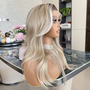 Pelucas sintéticas frontales transparentes HD 13x4 de alta calidad al por mayor, rubio ceniza con reflejos blancos, onda natural, flequillo cortina, resistentes al calor - Product Image 5