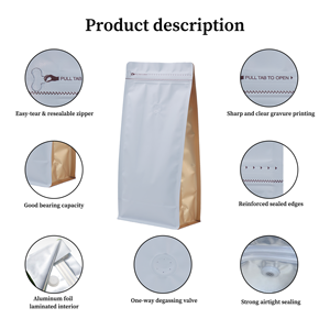 Sac d'emballage pour grains de café, scellé sur 8 côtés, avec valve et fermeture éclair, qualité alimentaire, forte étanchéité, plusieurs formats : 100 g, 250 g, 500 g, 1 kg - Product Image 5