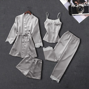 Ensemble de peignoir quatre pièces sexy en soie glacée pour femme, manches longues, grande taille, pour l'été, le printemps et l'automne, idéal pour la maison - Product Image 3