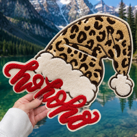 Patchs thermocollants de Noël en chenille à imprimé léopard, broderie Hohoho et applique chapeau de Père Noël, personnalisables en gros pour vêtements de fêtes