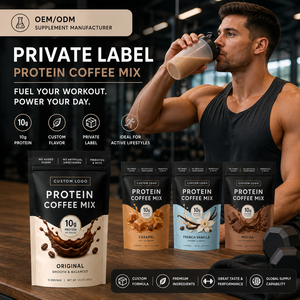 Mélange de café protéiné en poudre Marque Blanche Saveurs Originale, Caramel, Vanille, Mocha – Soutient les muscles, booste l'énergie – OEM ODM Échantillon Gratuit - Product Image 1