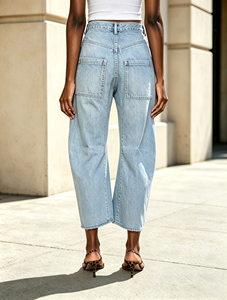 Jeans da <span class=keywords><strong>Donna</strong></span> a Vita Alta con Tasche Multiple, Gamba Larga e Taglio Corto, Pantaloni Capri in Denim Lavaggio Chiaro - Product Image 2