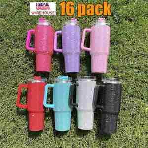 16 Pack Custom Logo Wholesale Multicolour Rhinestone Full Wrap Studded <b>40Oz</b> Bling <b>Tumbler</b> <b>With</b> <b>Handle</b> Lid and Straw - Product Image 1