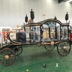Cercueil funéraire antique européen à chevaux, noir, avec ornements dorés, cabine vitrée, chariot de transport de cercueil - Product Image 4