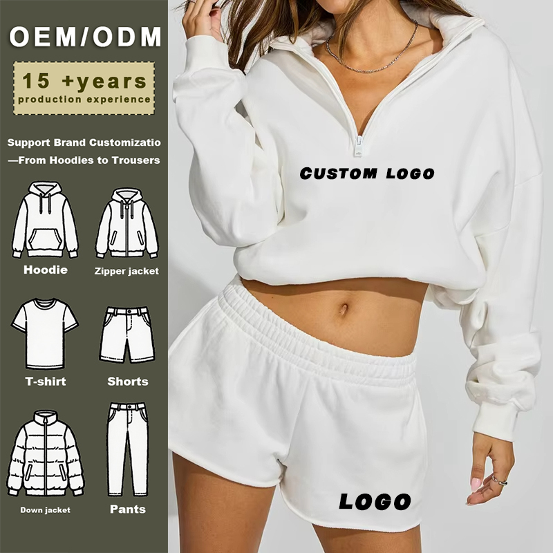 Custom High Quality Soft Cotton Fleece Full Sleeve Pullover Hoodie Shorts Set Women's Collared Breathable Sports Wear Casual