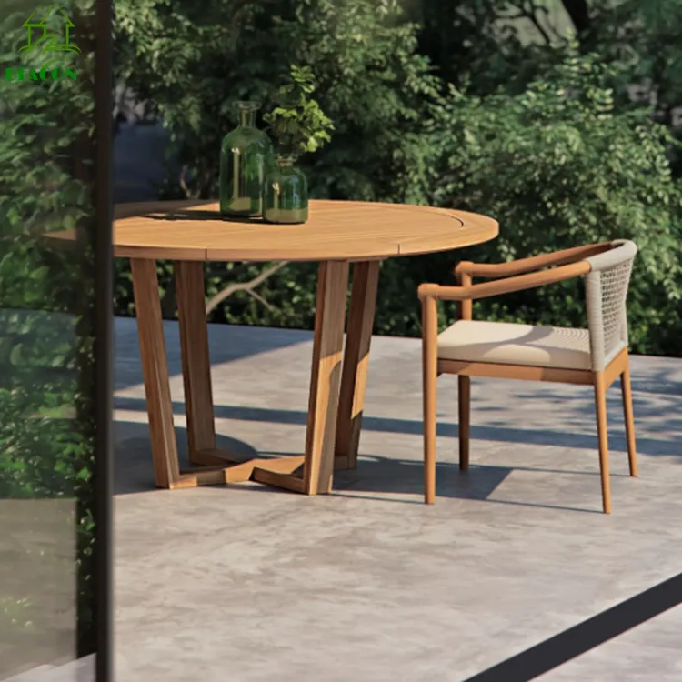 Table à manger ronde en bois haut de gamme conçoit un ensemble de salle à manger de patio de table ronde en bois de teck d'extérieur
