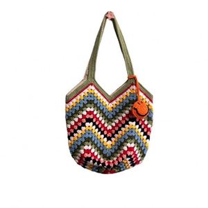 100% Hand-Crocheted Women's Grandmother Bag Creative Sweet Crochet Rainbow Wavy <b>Basket</b> Accessory Handbag Two Straps Open Closure - Product Image 4