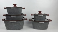 Batterie de cuisine en aluminium moulé sous pression, modèle carré, très vendue, comprenant des casseroles de 20/24/28/32 cm et une marmite peu profonde de 28 cm avec fond spiralé