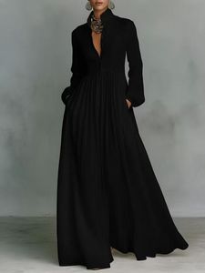 Women Solid Chiffon Woven Washable Pleated Long Sleeve Maxi Dress Cinched Waist <b>Vintage</b> Vacation Dress - Product Image 6