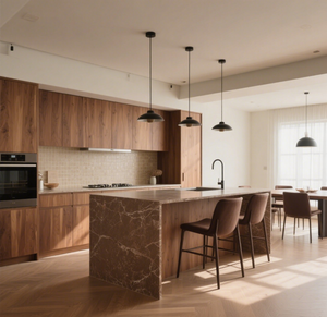 Cuisine à concept ouvert: armoires en bois <span class=keywords><strong>de</strong></span> noyer, îlot <span class=keywords><strong>de</strong></span> marbre <span class=keywords><strong>avec</strong></span> <span class=keywords><strong>plaque</strong></span> <span class=keywords><strong>de</strong></span> <span class=keywords><strong>cuisson</strong></span> intégrée, fonctionnalité culinaire moderne - Product Image 6