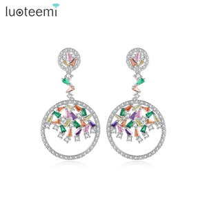 LUOTEEMI Wholesale Rhodium Plated Luxury Artificial Multi CZ <strong>Diamond</strong> <strong>Dangle</strong> <strong>Earrings</strong> Women Wedding Jewelry - Product Image 1