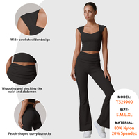 Ensembles de yoga sportifs d'été pour femmes avec haut à manches courtes volantées et coussinets de poitrine, design taille irrégulière cintrée, pantalon évasé coupe ajustée