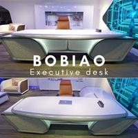 Bureau de direction moderne de luxe, modèle d'avion, blanc brillant, en forme de L, avec éclairage LED multifonction, bureau de PDG, bureau de responsable, bureau de président