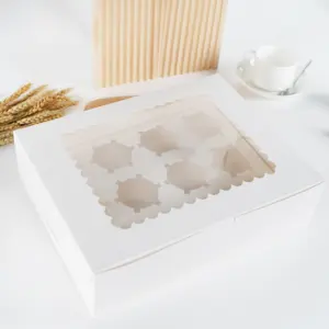 Hot Sale Packaging Grid Egg Tart White 12 Pieces Holes Paper Cupcake Bakery Muffin Cup Cake Packaging Box Container With Window