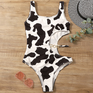 Bikini sexy de estilo europeo y americano 2022, traje de baño de una pieza con estampado de vaca y aberturas para mujer. - Product Image 1