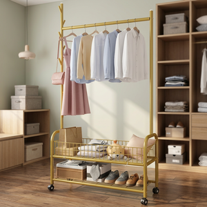 Modern Yellow Metal <b>Clothing</b> <b>Rack</b> With Double Tier Storage Shelf And Wheels For Living Room Use - Product Image 5