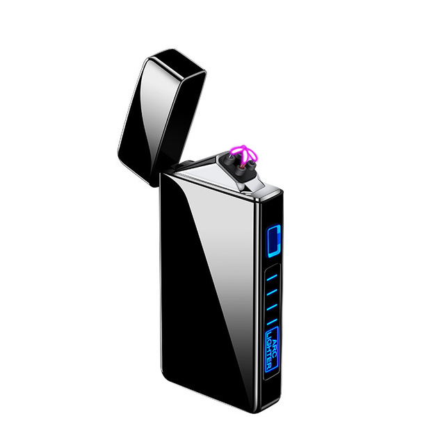 Custom Logo USB Charging Double Arc Windproof Cigarette Lighter Portable Electric Display in Frosted Black Modern Design Style
