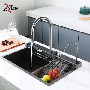 Smart Multifunction Modern Style Kitchen Sink Nano Black Waterfall Faucet Kitchen Sink