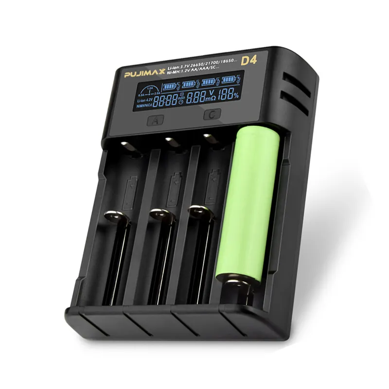 PUJIMAX lcd display smart lithium ion battery charger 3.7v 18650 li ion battery charger 4 slots aa aaa nimh battery charger