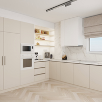 Solution complète pour la personnalisation de toute la maison : Cuisine en bois avec îlot en quartz et marbre, grand rangement, évier, robinet, panier et accessoires