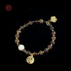 Pulsera de Agarwood de 6mm con Cuentas de Oro Mixto y Piedra Tibetana, Joyería Feng Shui - Product Image 1