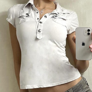 Camiseta de Cuello Polo Ajustada para Mujer, con Bolsillo con Cremallera, Manga Corta, Botones, Estilo Y2K, Moda Urbana - Product Image 4
