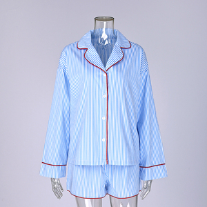 <span class=keywords><strong>Pigiama</strong></span> Fashion QINSI con Profili <span class=keywords><strong>a</strong></span> Contrasto per Donna, Completo Notte Primaverile <span class=keywords><strong>a</strong></span> <span class=keywords><strong>Righe</strong></span> con Maniche Lunghe e Pantaloncini in Cotone - Product Image 4